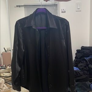 Black Satin Button-Up Shirt
